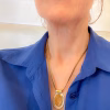 SC009 Sugar Sunbeams druzy pendant model 4x5 Gold druzy crystal pendant on model with blue shirt