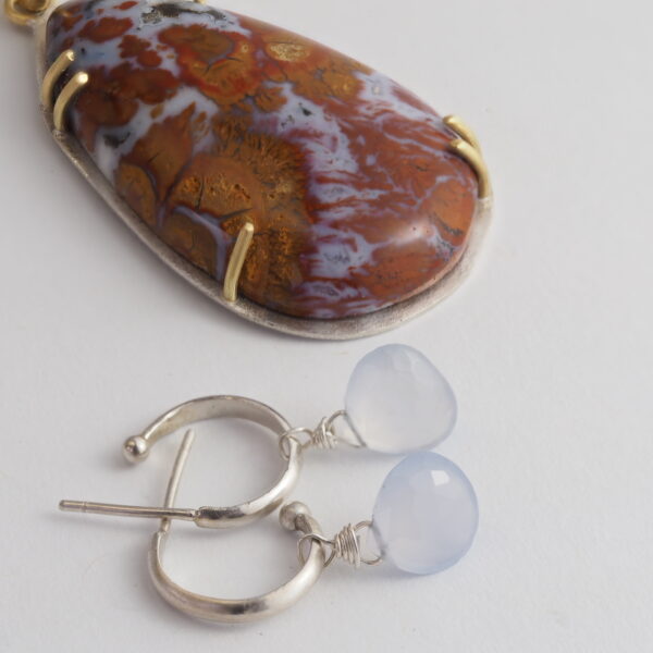 Blue Chalcedony Earring Charms White Gold Detail Blue Chalcedony Charms on Hoops and Queen Wingate Pendant