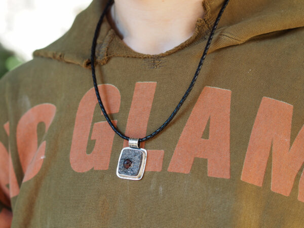 Garnet in Schist Square Pendant on Model
