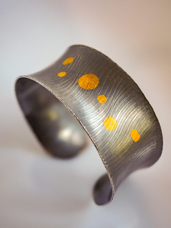 Wide Silver cuff bracelet with gold balls