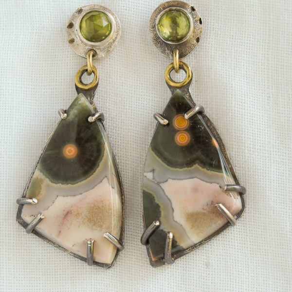 peridot post earrings with ocean jasper gemstone drops