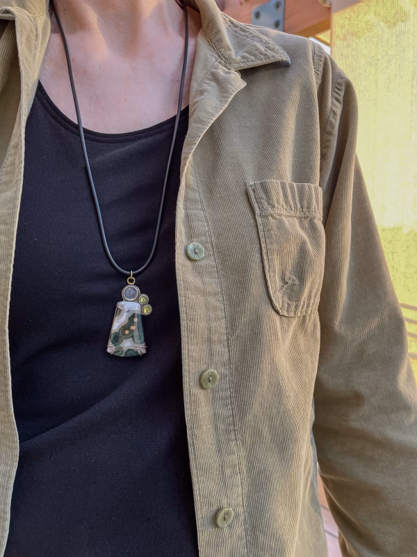 Moonstone and Ocean Jasper gemstones in an elegant pendant necklace.