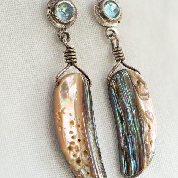 Swiss Blue Topaz Earrings with Abalone Shell