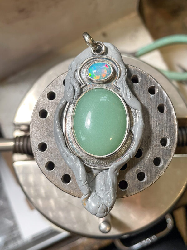 opal and gemstone pendant --stone setting opal and chrysoprase pendant in stone setting